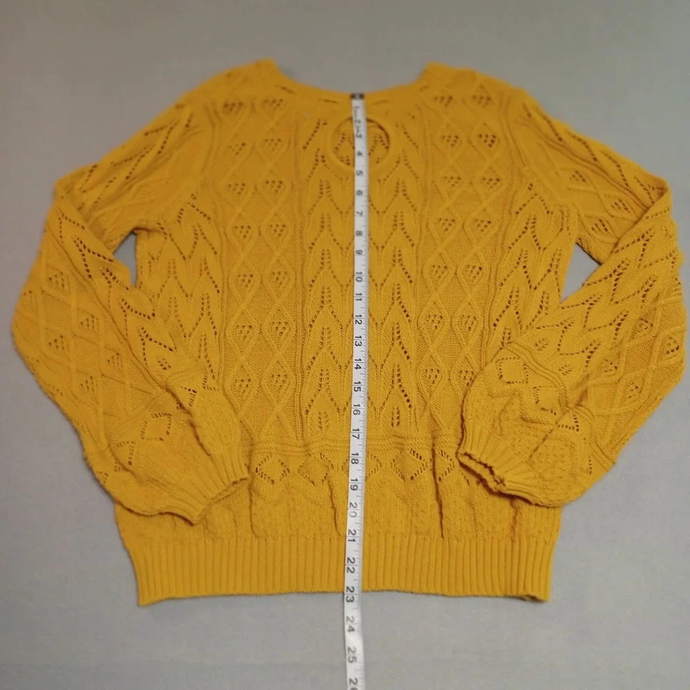 Alya Sweater Womens Medium Yellow Pointelle Open Knit Keyhole Back Pullover